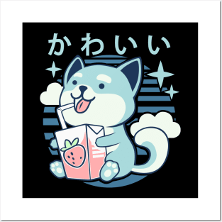 Kawaii Aesthetics Japanese Strawberry Milk Shake かわいい Dog - Blue - Strawberry Milk Posters and Art